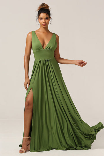 Elegant A Line Olive Deep V-hals ermeløs lang brudepike kjole